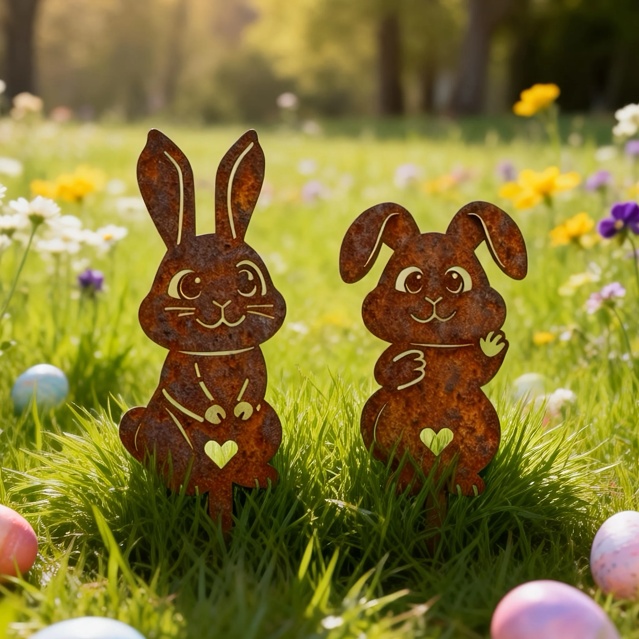 1pc/2pcs Set Rustic Metal Garden Stakes | Easter Cute Rabbit Garden Signs, Floor Mount Decor for Home Villas, Lawns, and Gardens