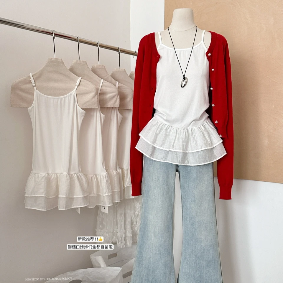 White Camisole Top for Women with Ruffle Double-layer Skirt Women Sleeveless Tank Top Splicing Slimming Strapless Base Vest Tee image 2
