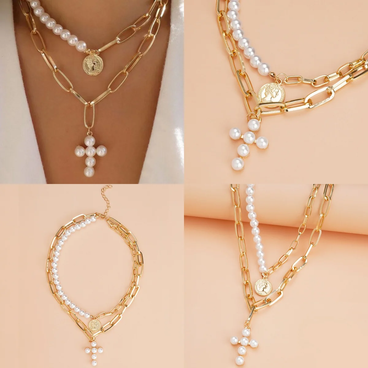Hot Selling Fashion Cross Pearl Gold-Color Necklace For Women Creative Vintage Popular Jewelry Valentine's day Gift