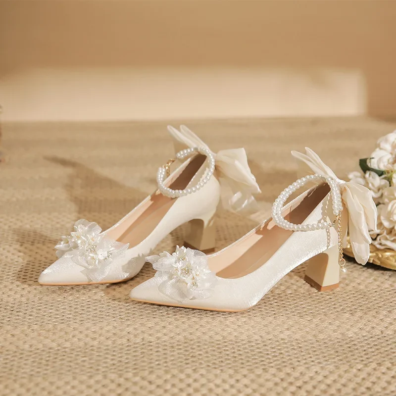 

6cm New Fashion Shallow Mouth High Heels Wedding Bride Women Beige Shoes 41 42 43