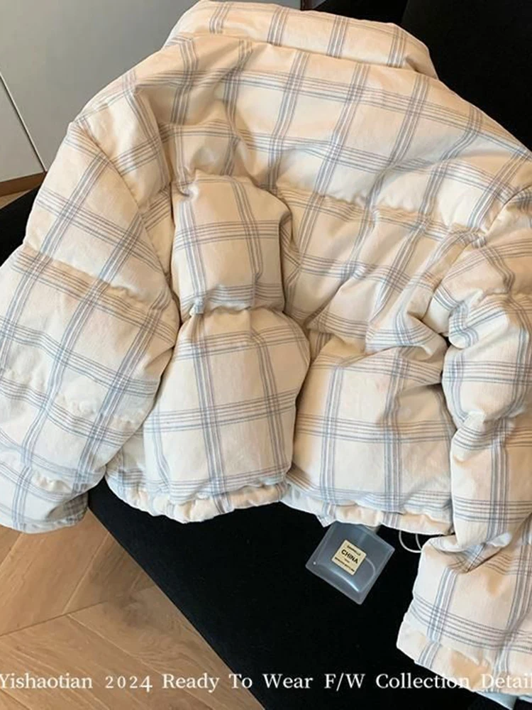 Zoki ريترو سروال قصير منقوش سترات نسائية فضفاضة حلوة كم طويل خمر منتفخ معطف Preppy نمط الشتاء الوقوف طوق سترة الكورية