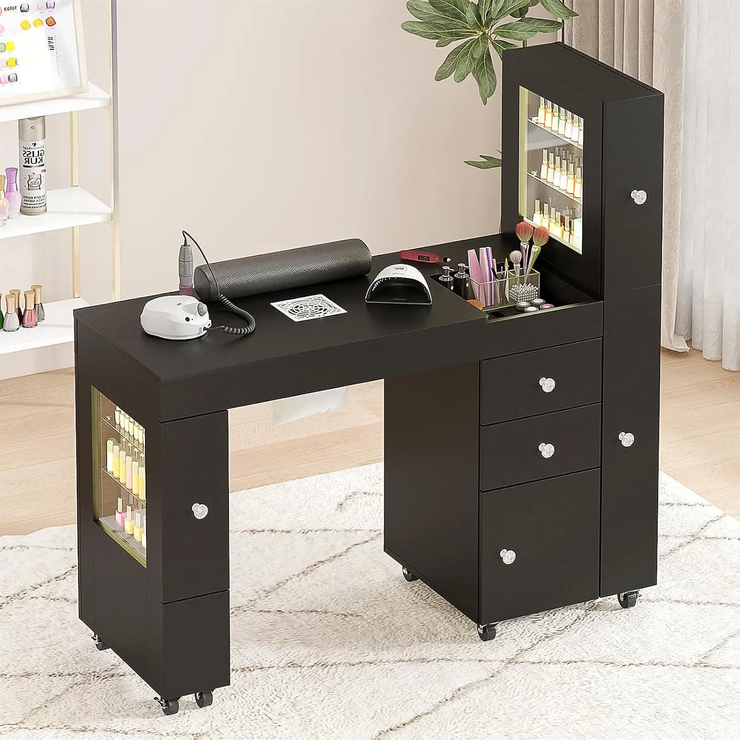 

Nail Art Table with LED Light Display Cabinet Lockable Wheel Vacuum Cleaner Drawer Wrist Bracket Acetic Acid Resistant Black