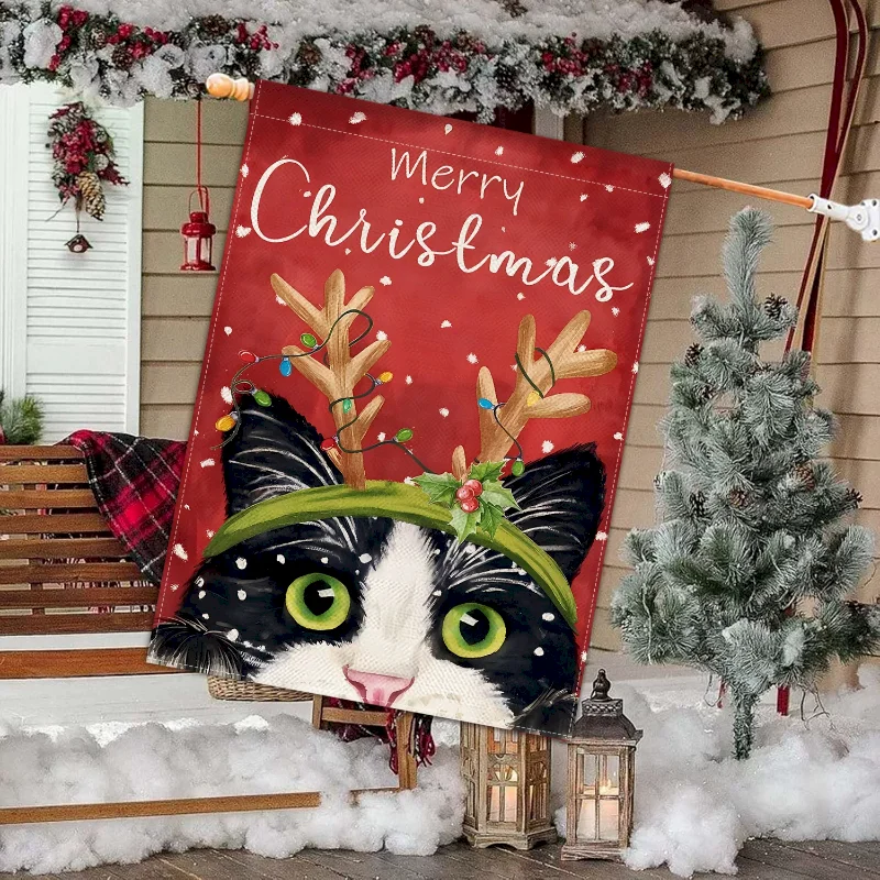 VIKAMA Merry Christmas Garden Flag, Black Cats Antlers Lights Outdoor Yard Hanging Decor, Xmas Home Lawn Decor