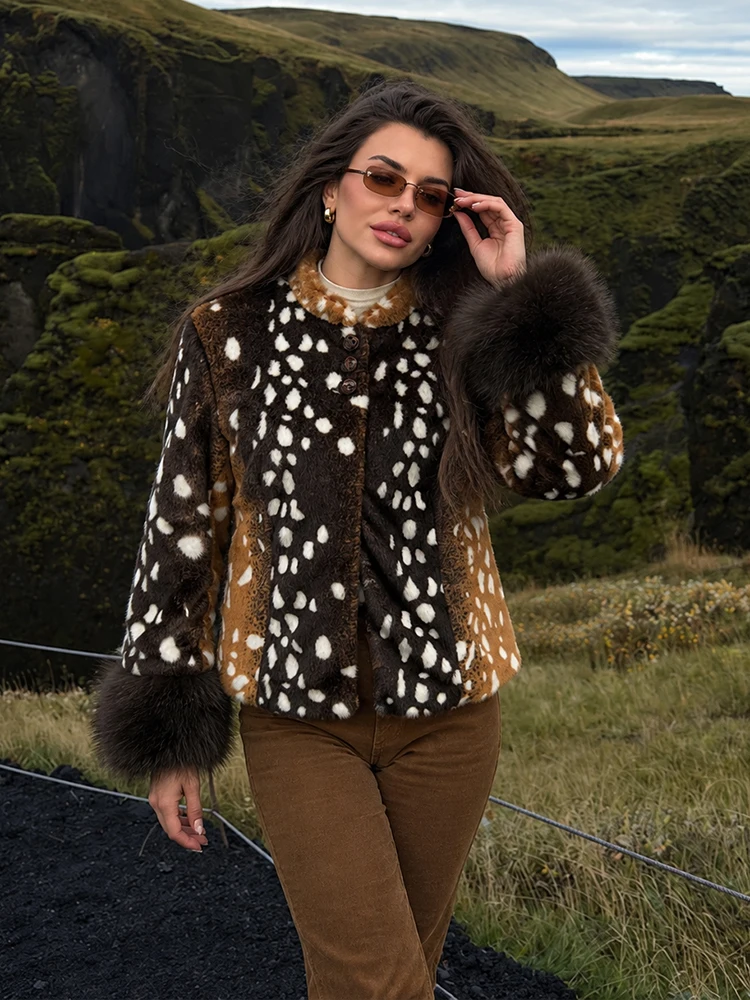 HH Vintage Deer Print Faux Fur Jacket for Women Fall Winter 2026 Brown Black Spotted Button Fluffy Cuffs Chic Casual Streetwear