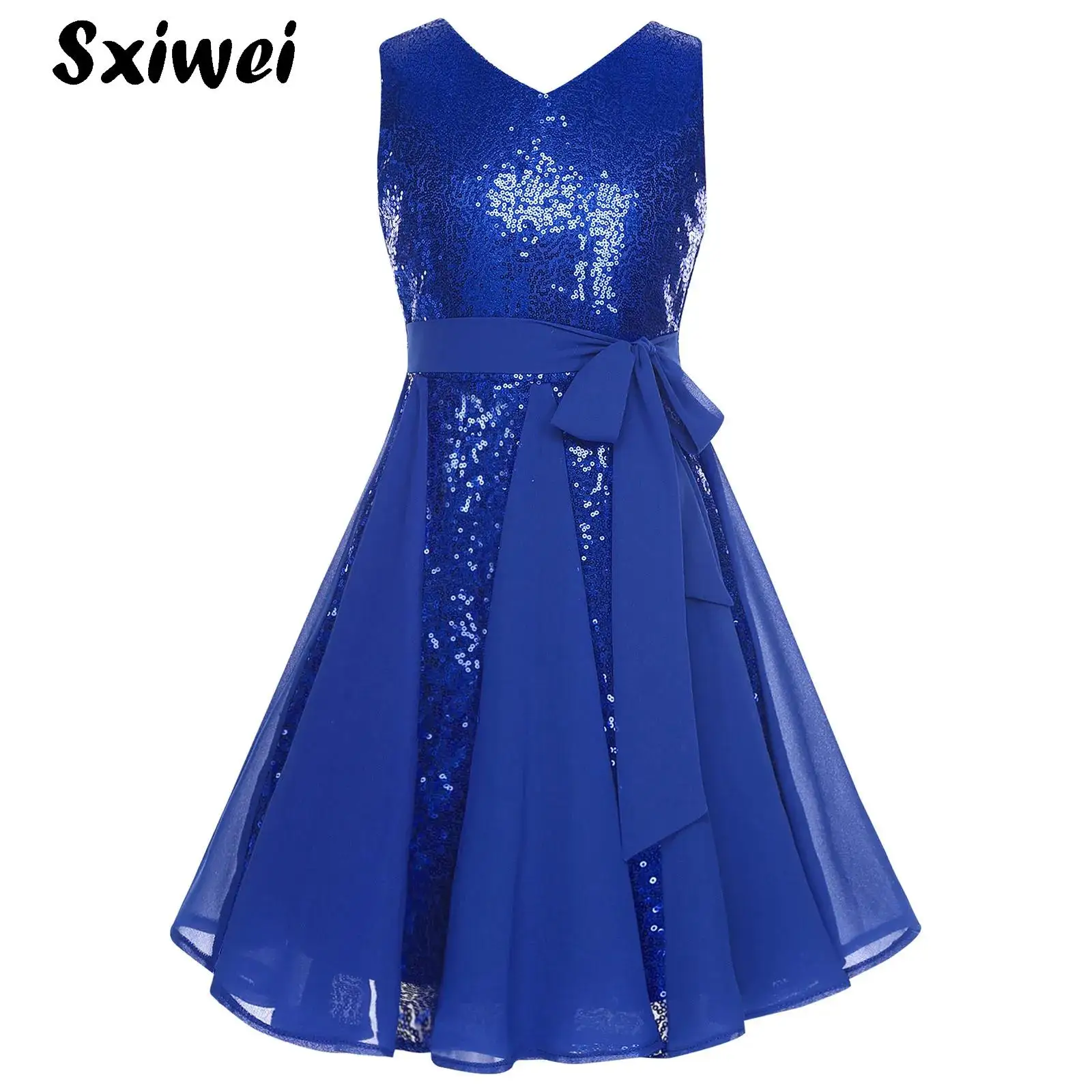 

Girls Party Dress Sequin Formal Fancy Birthday Dress for Girls Prom Sparkly V-neck Sleeveless Knee Length Dress 5-14Years
