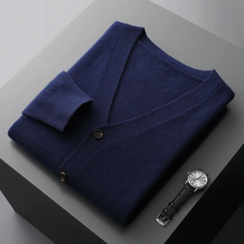 New Spring Autumn Wool Cardigan Men's V-Neck Sweater Coat Cashmere Sweater