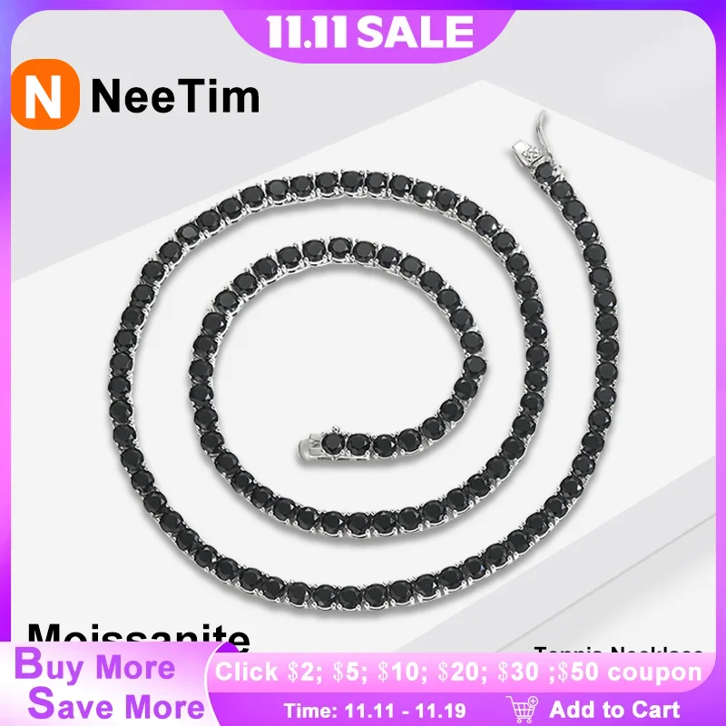 

NeeTim 3/4/5/6.5mm Black Moissanite Tennis Necklace for Women Man 925 Silver with Gold Plated Neck Chains Hiphop Party Jewelry