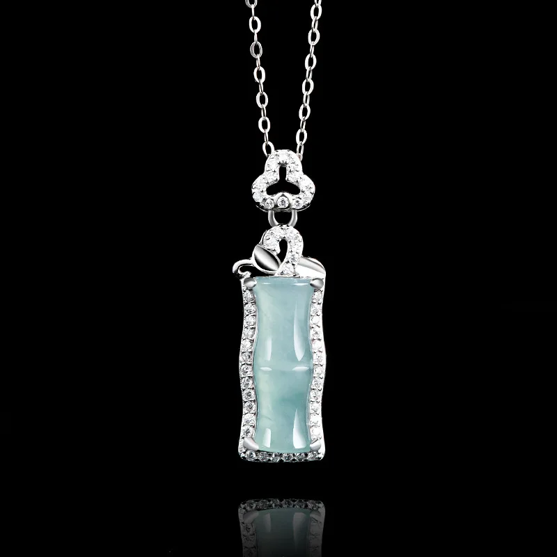 Natural A-grade Jade Blue Water Bamboo Pendant Ice Jadeite Rising Step By Step Women's Simple S925 Silver Inlaid Charms Jewelry