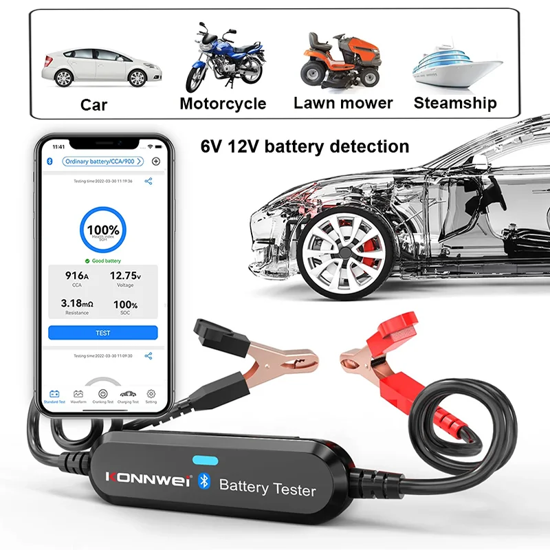 KONNWEI BK100 Bluetooth 5.0 Car Motorcycle Battery Tester 6V 12V Battery Monitor BT 5 2000 CCA Charging Cranking Test Tools