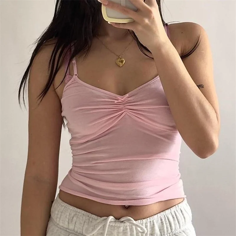 Bow Stitched V-Neck Crop Top, Sem Mangas, Básico, Sólido, Renda, Vintage, Alça Ajustável, Camiseta, Senhoras, Chique, Top Recortado, 2000s