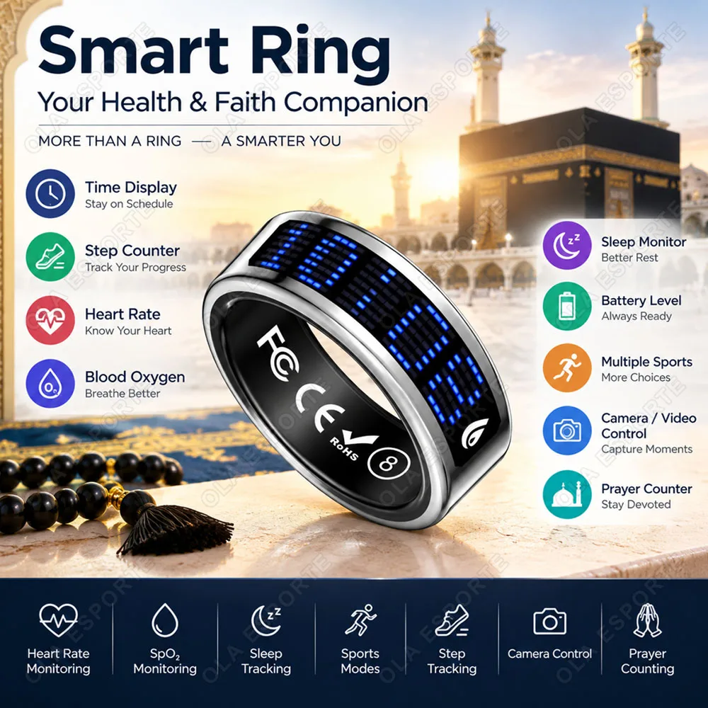 Fashion Smart Ring Time Steps Heart Rate Power Display Prayer Counter Sleep Health Monitoring Multi-function Smart Ring New R12