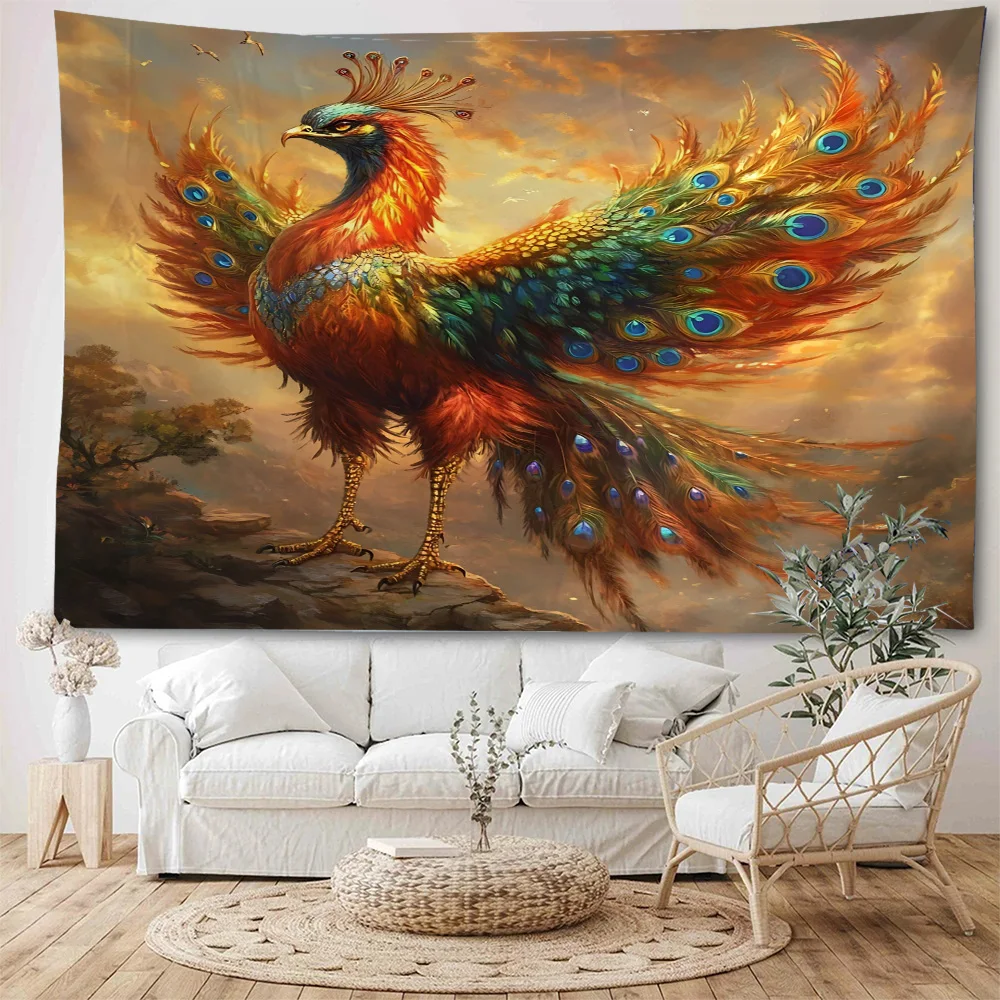The beautiful phoenix lingers on the branches, spreading its wings. Background decoration includes tapestries and home decor