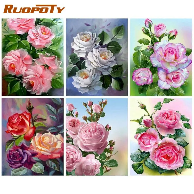 

RUOPOTY DIY Pictures By Number Rose Flowers Kits Home Decor Painting By Numbers Landscape Drawing On Canvas HandPainted Art Gift