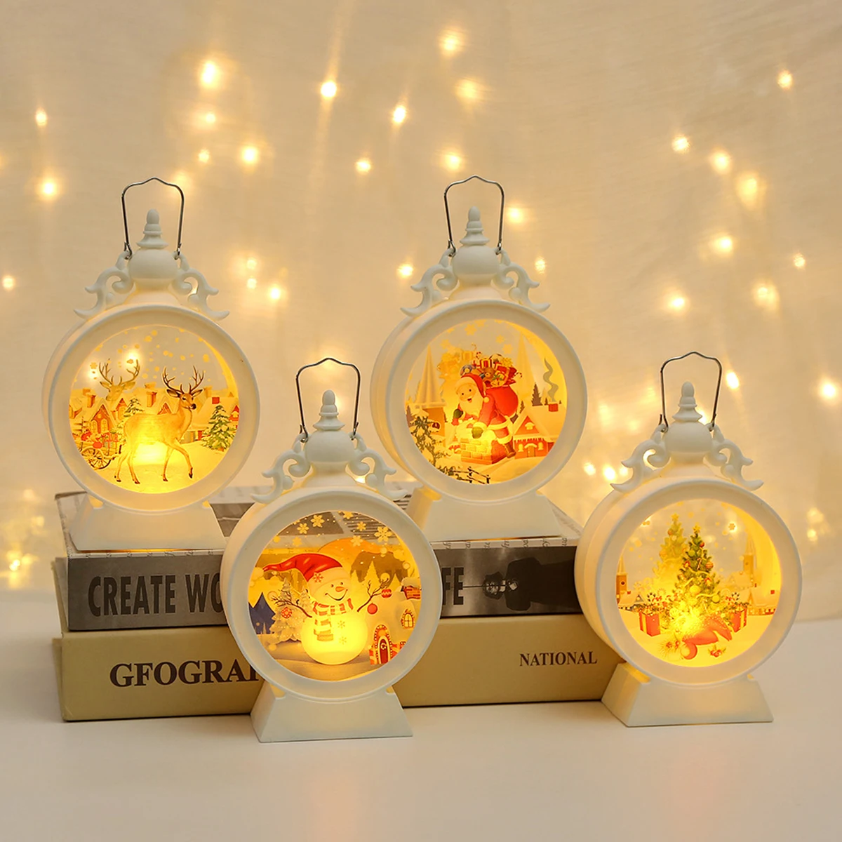 Christmas LED Lantern Decoration Vintage Snowman and Santa Claus Scene Light Holiday Decorative Lantern Home Office Party Decor