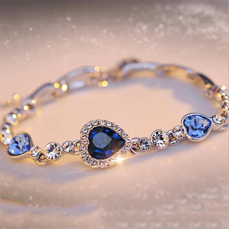 2023 New Female Luxury Lucky Bracelet For Women Blue Crystal Heart Charms Bracelet Bridal Wedding Engagement Fine Jewelry Gift