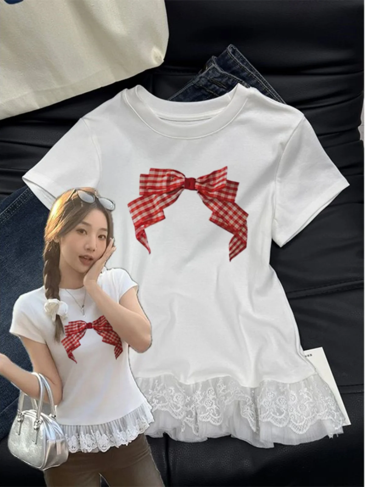 

Sweet And Spicy Short Sleeve T-Shirt Women's Lace Trim Top Korean Style Slim Fit round Neck Short Length Fashionable Top