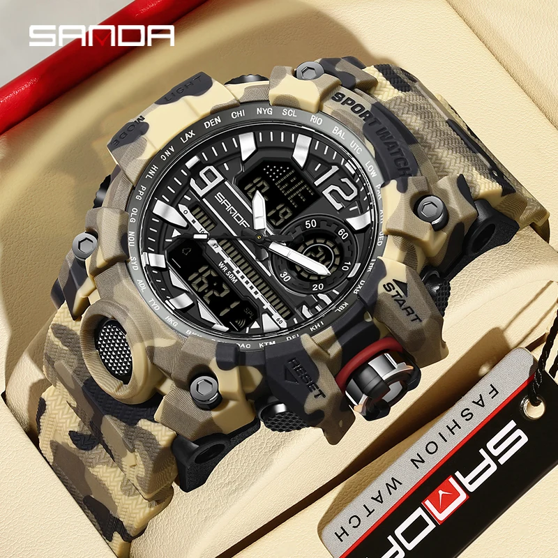 SANDA Men Sports LED Digital Watches Dual Display Analog Quartz Wristwatches Waterproof Camouflage Military Army Timing Watch