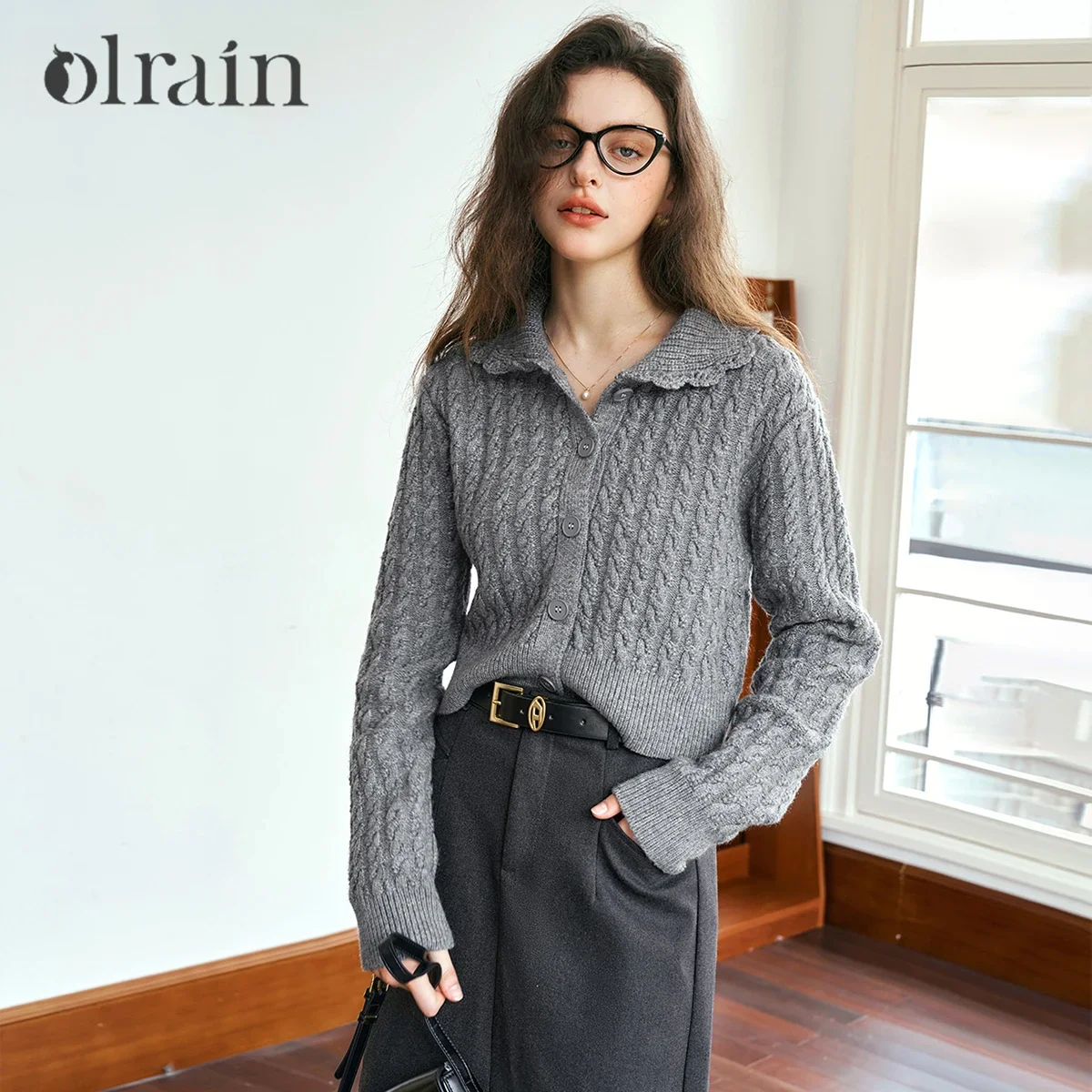 

OLrain French Style Cardigan for Women 2025 Spring Casual Loose Turn Down Collar Long Sleeve Single Breasted Knitwear N56QM88380