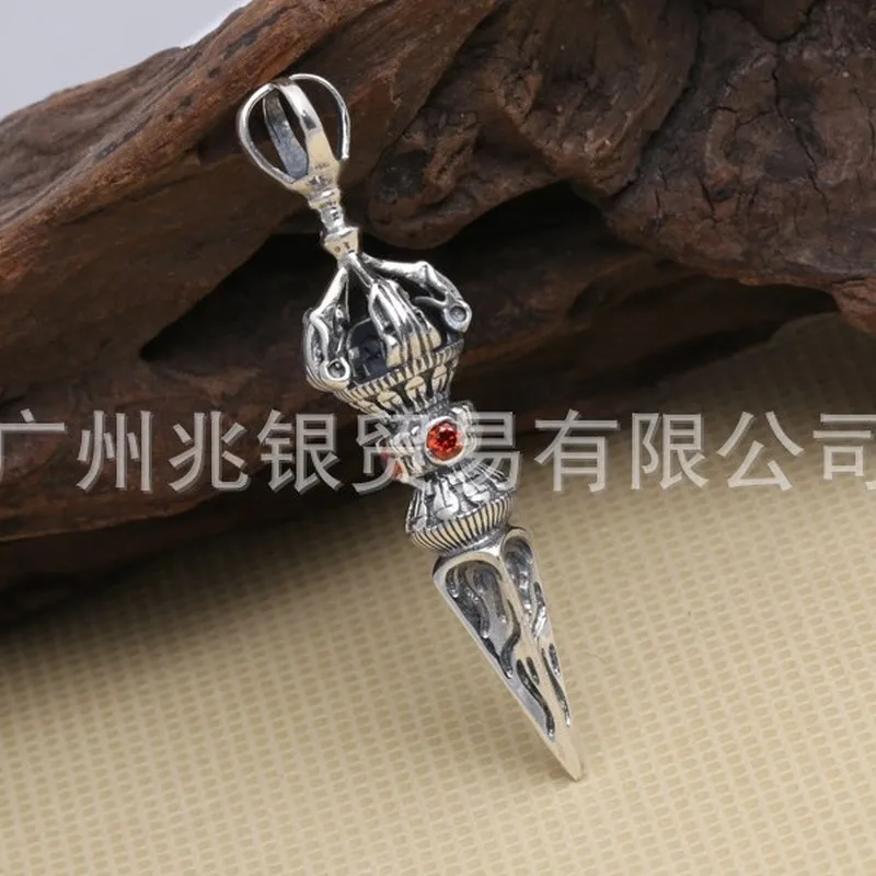 S925 Vintage Thai Silver Artifact Five-Pronged Vajra Gemstone Pendant