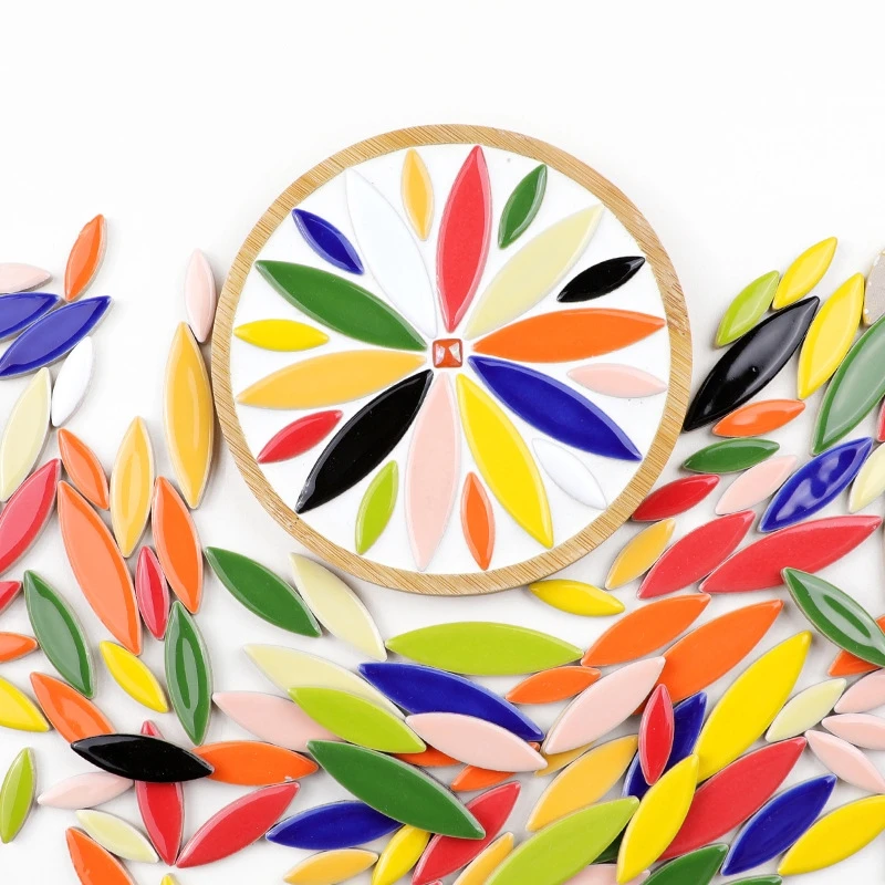 100g Willow Leaves Mosaic Tiles Porcelain Leaf-Shape Tile 3 Sizes Mix Multi Color DIY Mosaic Making Stones for Craft Arts Decor