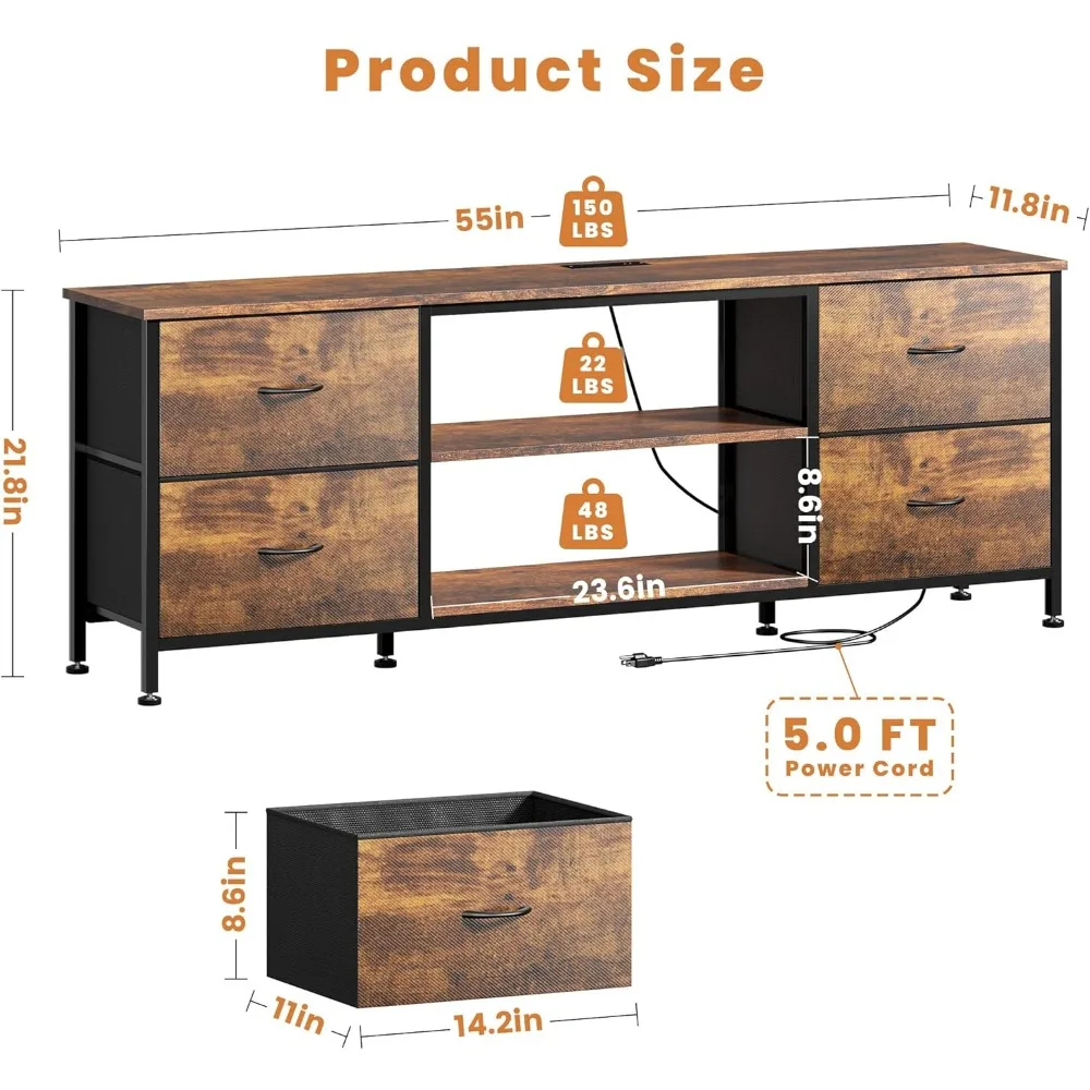 خزانة حامل تلفزيون لغرفة النوم مع 4 أدراج قماشية، مركز ترفيه مع مخرج طاقة لأجهزة التلفاز مقاس 55 بوصة، تتميز بخزائن مفتوحة