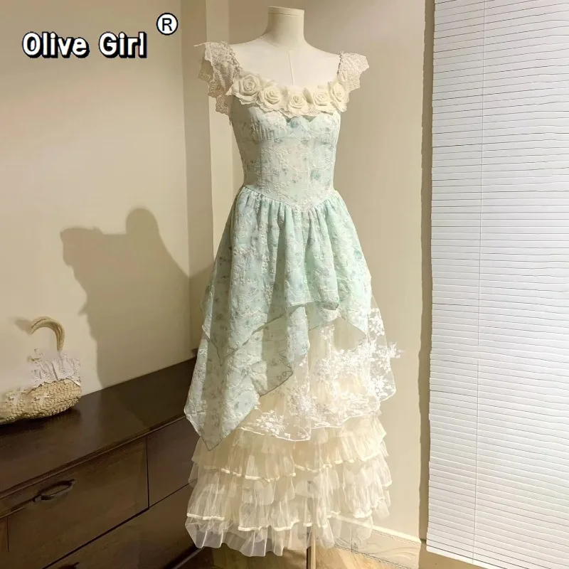 Olivegirl French Dress Floral Suspender Sexy Sweet Lolita Spring Summer 2026 Irregular Trailing Fairy Dresses Women's Clothing