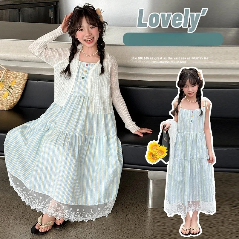

Girls Summer Dress Children's Sun Protection Cardigan + Sleeveless Dress Two-Piece Set Kids Beach Dress
