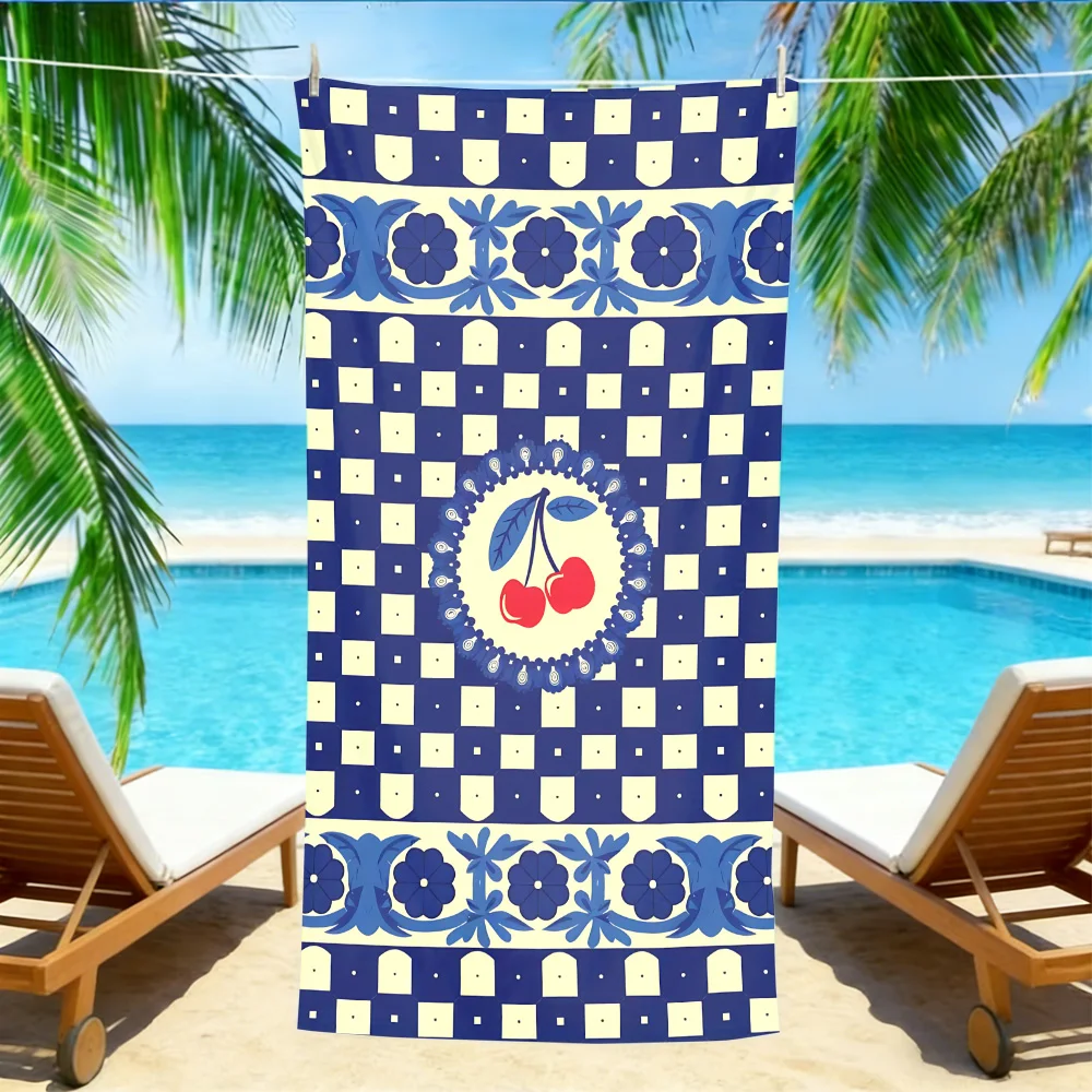 Retro Cherry Picnic Towel – Absorbent Sand Resistant with Blue Gingham & Chinoiserie Print for Summer