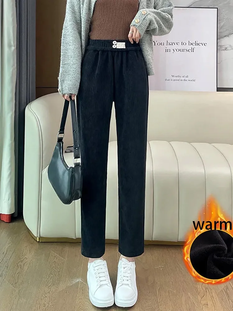 المرأة عادية مطاطا سراويلي حريمي سميكة المخملية سروال قصير بنطلونات فضفاض مستقيم عالية الخصر موضة بنطلون Hosen #2