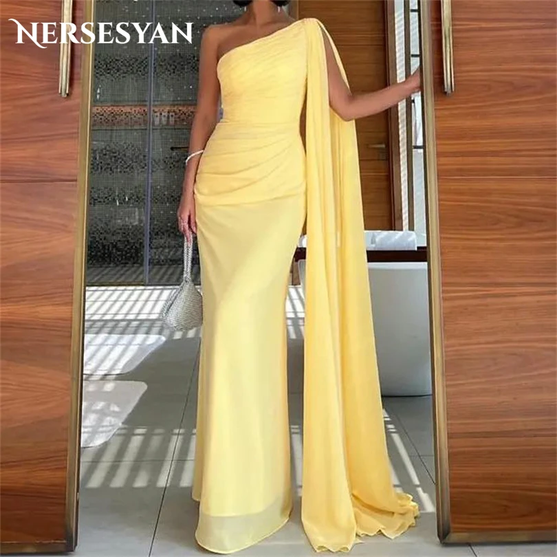 

Nersesyan Mermaid Yellow Chiffon Prom Dresses One Shoulder Draped Party Gowns Floor-Length Graduation Vestidos De Fiesta 2023