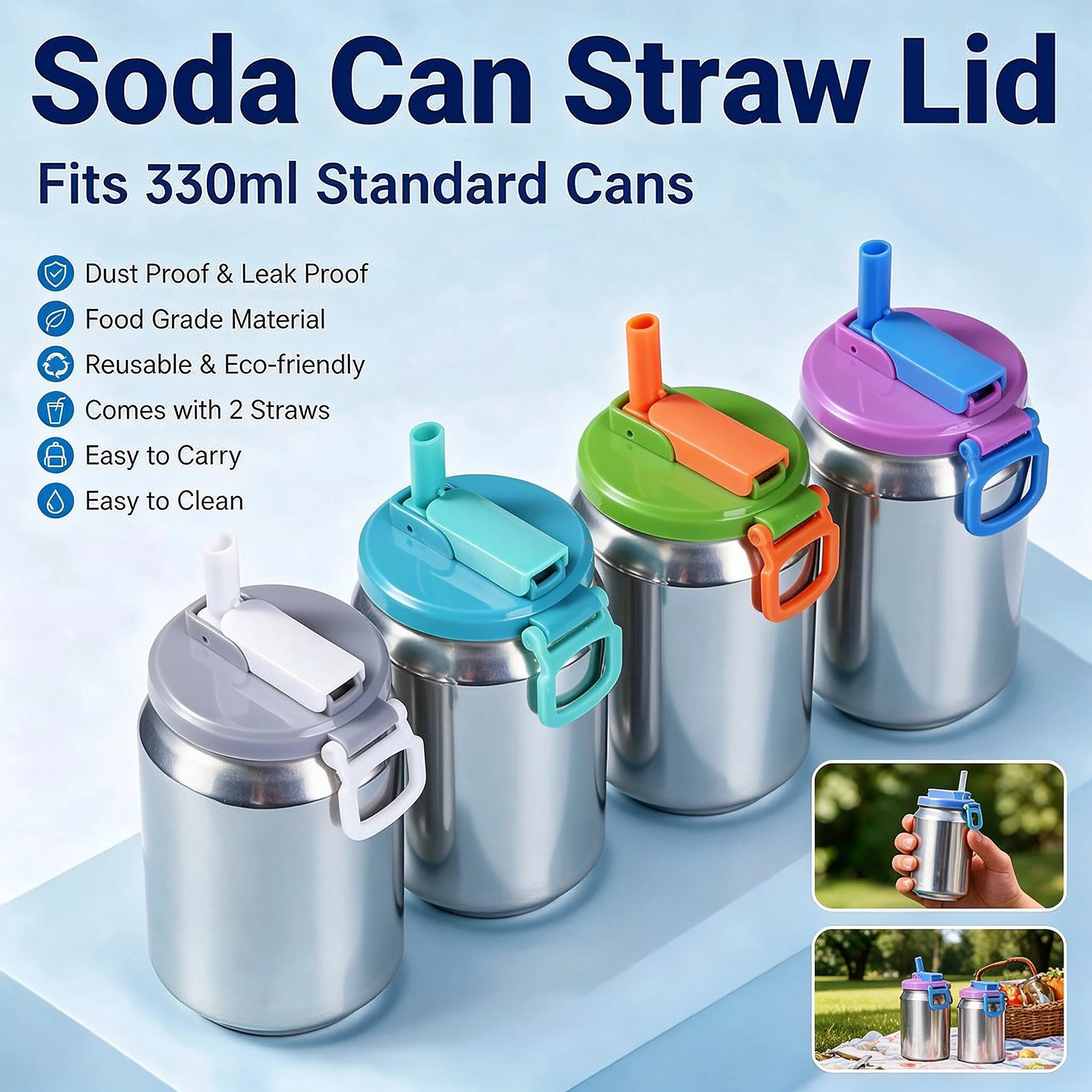 Reusable Silicone Soda Can Lids with Straws, 4 Colors Can Covers for Beer Juice Canned Beverages Drink Accessory