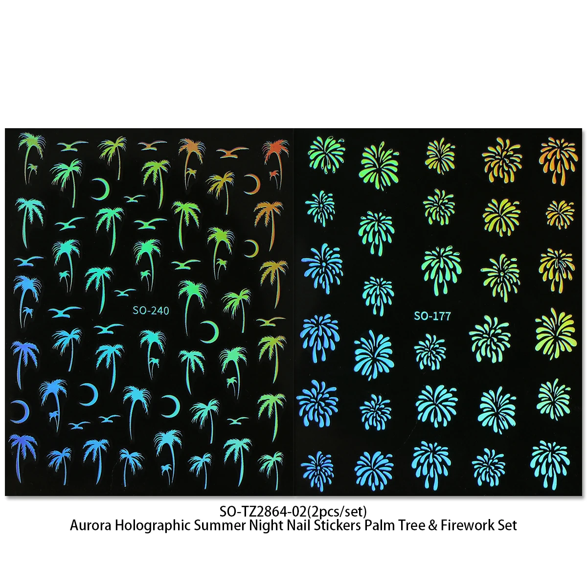 Aurora Holographic Summer Night Nail Stickers, Colorful Firework Palm Tree Moon Designs for Music Festival Party DIY Manicure De