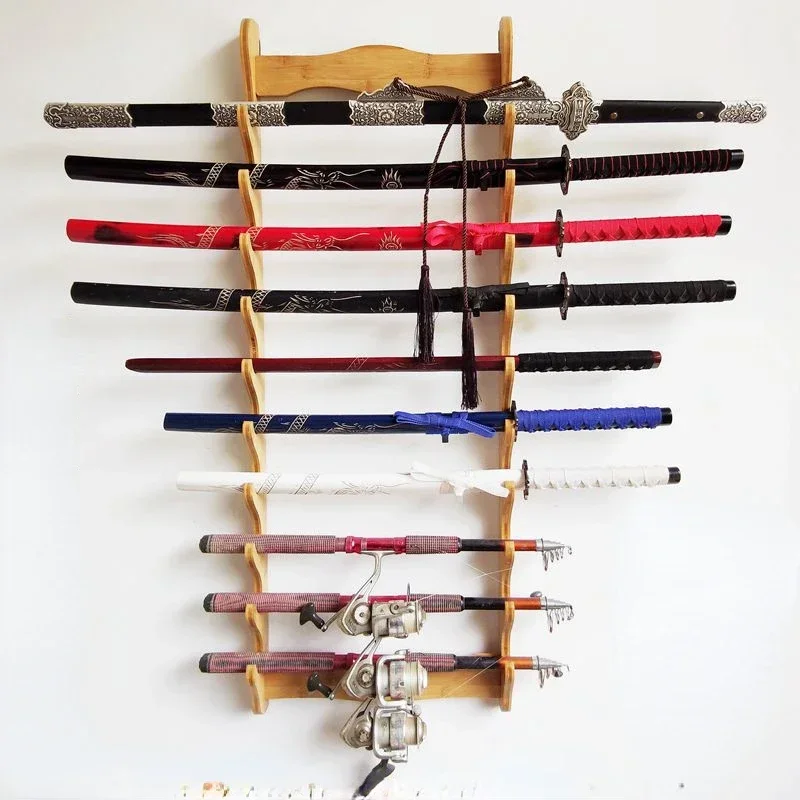 Bamboo Sword Storage Wall Hanging Rack Flute Shelf Multilayer Wood Rack for Martial Arts Equipment Organizer