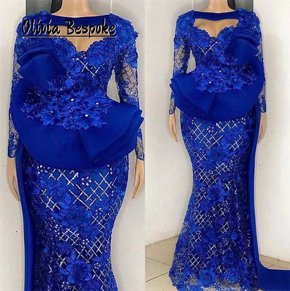 Fancy King Blue Lace Appliques Evening Dresses Aso Ebi Long Sleeves African Mermaid Nigerian Woman Dress For Special Occasions