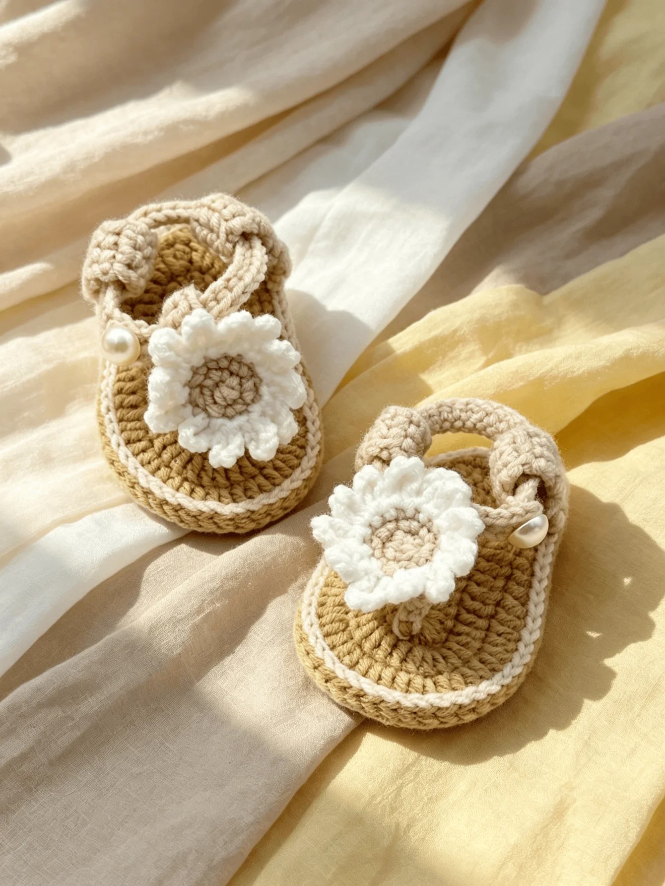 1 Paar handgefertigte gehäkelte Babysandalen für Mädchen, rosa und beige, Blumenakzent mit Perle, Neugeborenen-Schuhe – Detail 3
