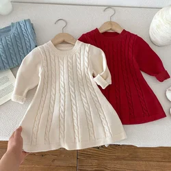 2024 New Autumn Sister Clothes Kids Princess Dress Long Sleeved Solid Color Knitted Party Dress Baby Girls Dresses