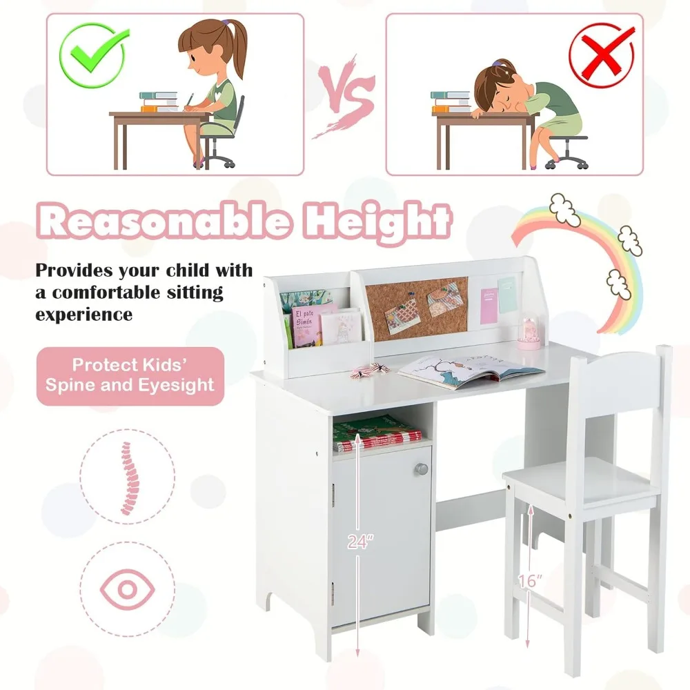 Kids' Desk and Chair Set, Mesa de Estudo Infantil de Madeira com Armazenamento, Hutch, Cork Bulletin Board, Whiteboard and Marker