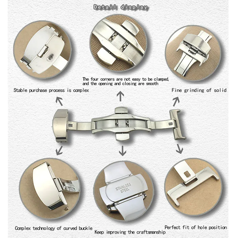 Bracelet de montre à bouton en acier inoxydable, accessoires de fermoir, papillon structuré, poli, 16mm, 20mm, 22mm, 24mm, 10mm, 12mm, 14mm