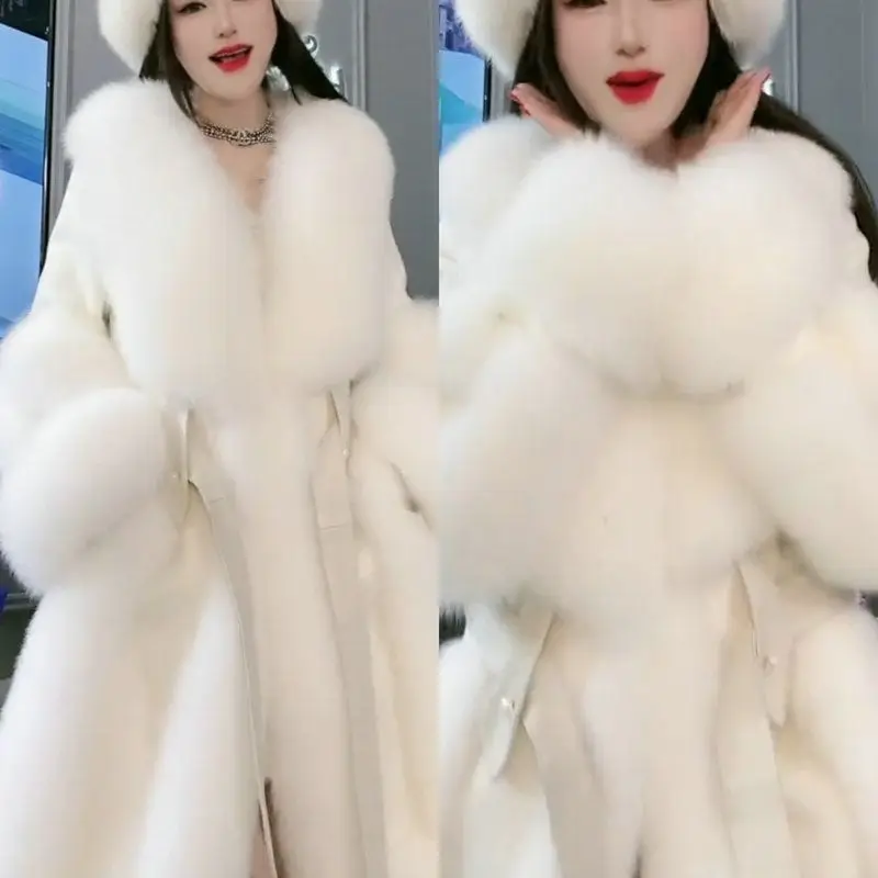 2023 Winter New Women Big Fur Collar Parkas Long Sleeve Mink Fur Fox Outwear Prevent Fur Overcoat Belt Slim Faux Fur Coat