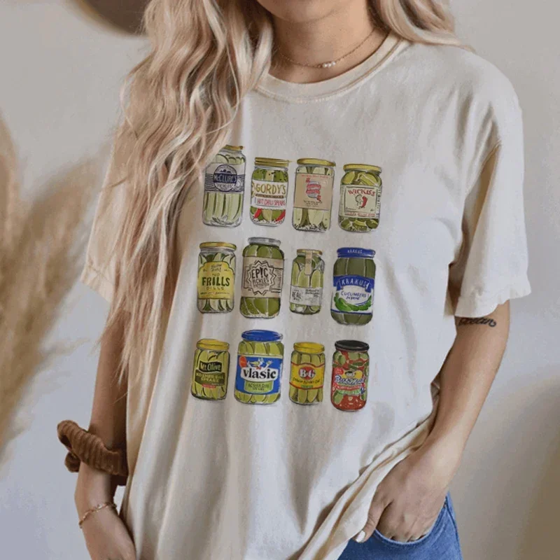 Harajuku Vintage Funny Canned Pickles Printing T-Shirts for Women Summer High Street Casual Round Neck Short Sleeve Unisex