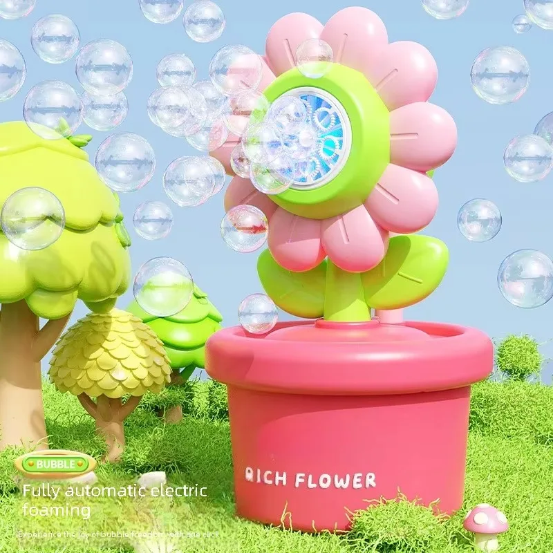 Sunflower Bubble Machine Multi-hole Rotating Sunflower Blower One-button Automatic Potted Blower Sensory Interactive Play