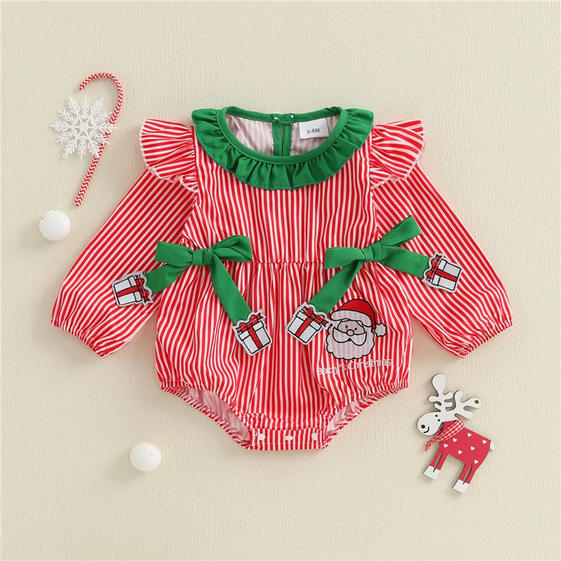 Newborn Baby Girl Christmas Romper Santa Striped Ruffle Trim Long Sleeve Bodysuit with Bows Cute Winter Fall Clothes