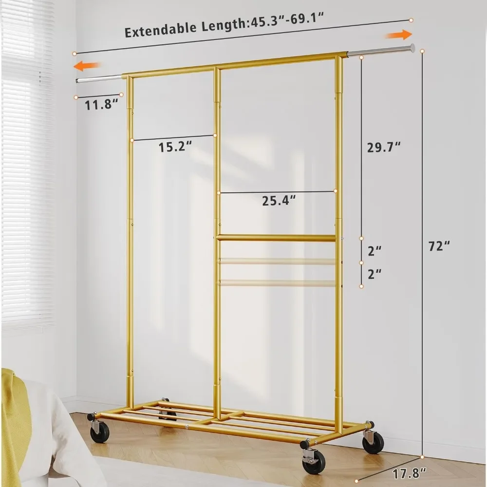 Clothes Rack, Metal Clothing Rack with Wheels Collapsible & Commercial Garment Rack, Max Load 405lbs, Coat Rack