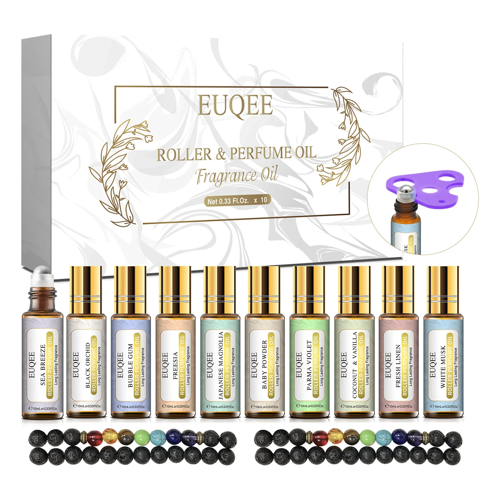 EUQEE 10PCS Roll On Fragrance Oils Gift Set-White Musk Coconut Vanilla Fresh Linen Bubble Gum Sea Breeze Parma Violet Aroma Oils