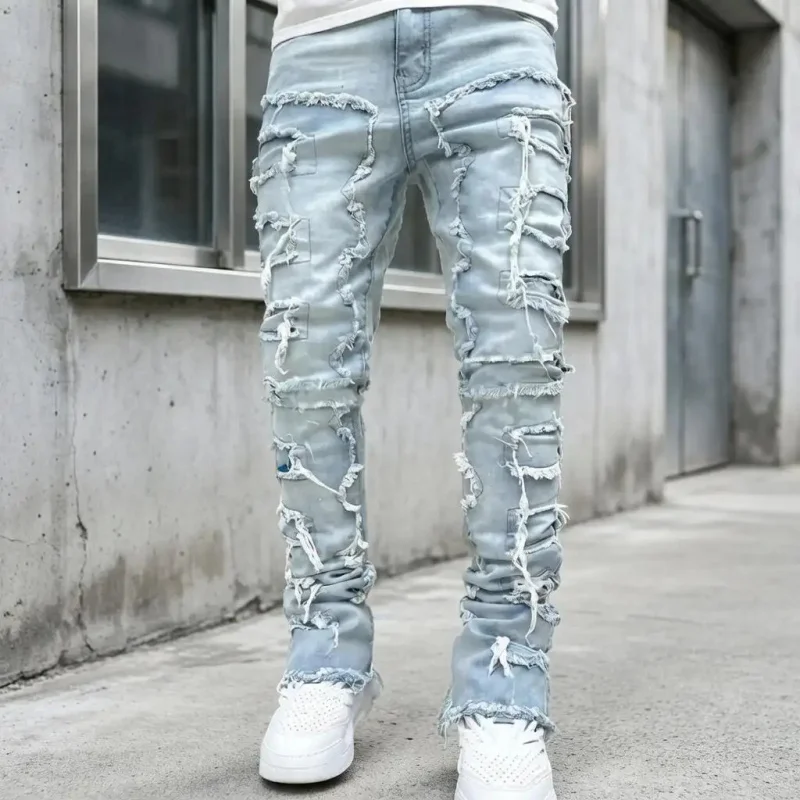 2026 New Plus Size Men's Jeans Vintage Style Streetwear Trendy Patchwork Applique Design Plus Size & Tall High Quality Stylish C