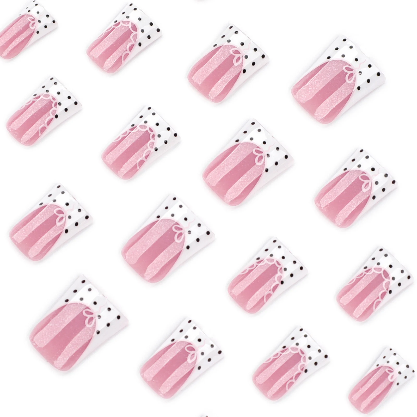 24 Stück Einfache Weiße Französische Kunstnägel mit Schwarzen Polka Dots und Spitzenkanten, Ballerina-Form zum Aufkleben, Entenschnabel-Form – Detail 4
