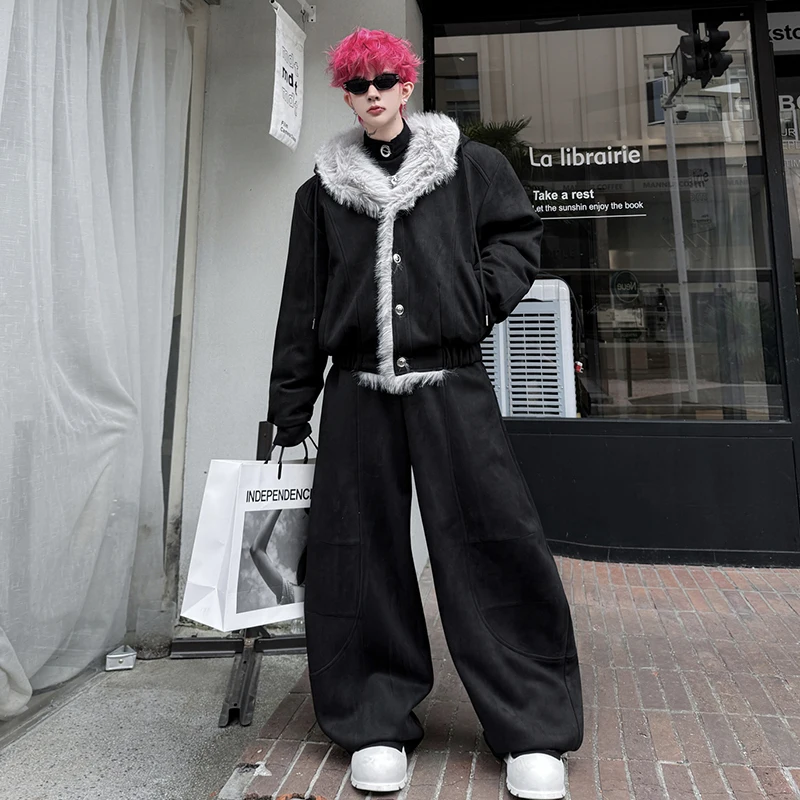 LUZHEN 2025 الشتاء أنيق وسيم قطعتين مجموعات الرجال فو الفراء بطانة الدافئة مقنعين معطف مبطّن بلون سراويل تقليدية JY5246