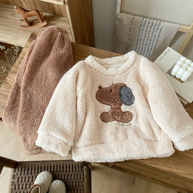 Peanuts Snoopy Children's Wool Pajama Set Soft Plush Long Sleeve Top Brown Pants Warm Cartoon Cute Pajamas Children's Winter New