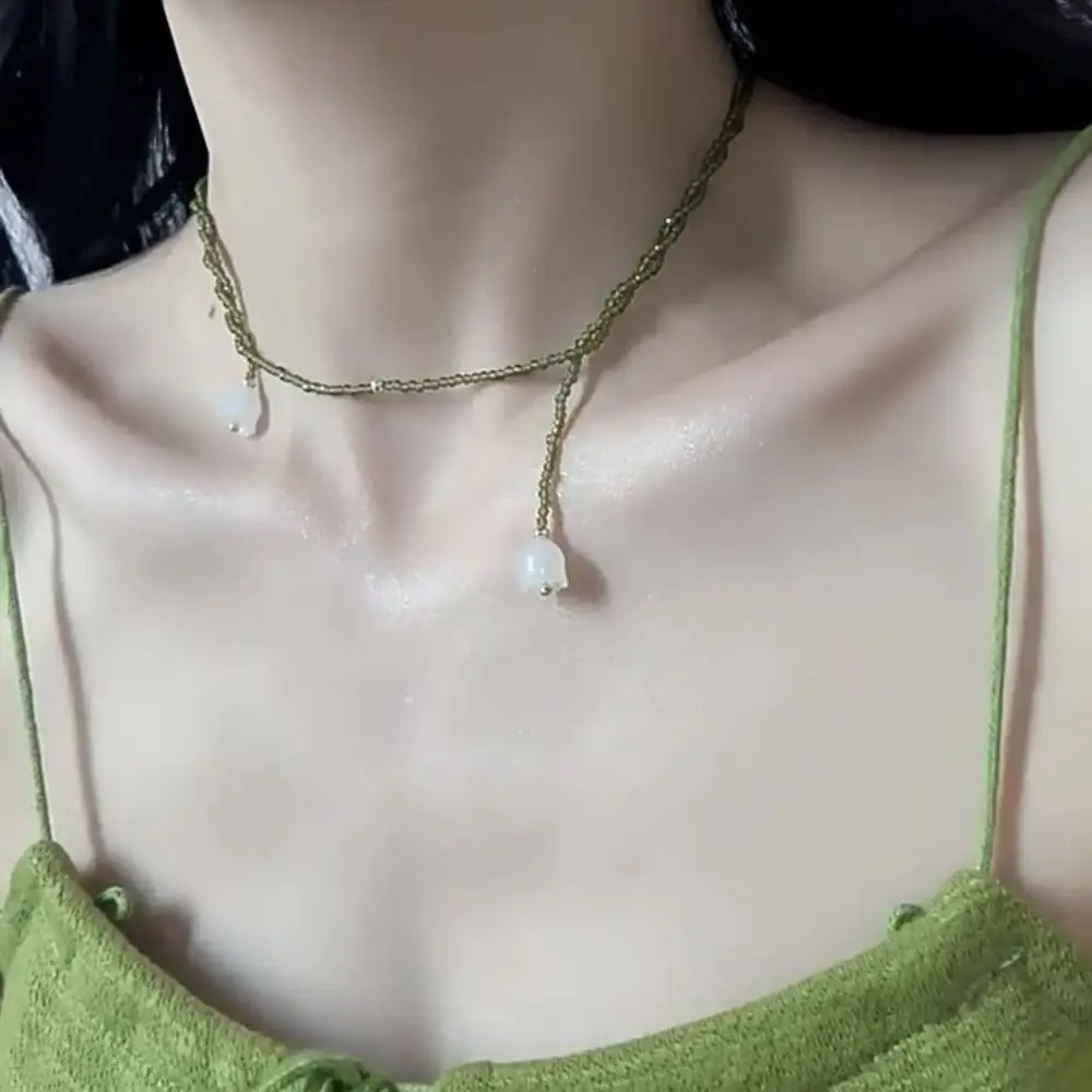 New Lily of The Valley Beads Necklace Pearl Green Sweater Chains Crystal Pendant Necklaces Women