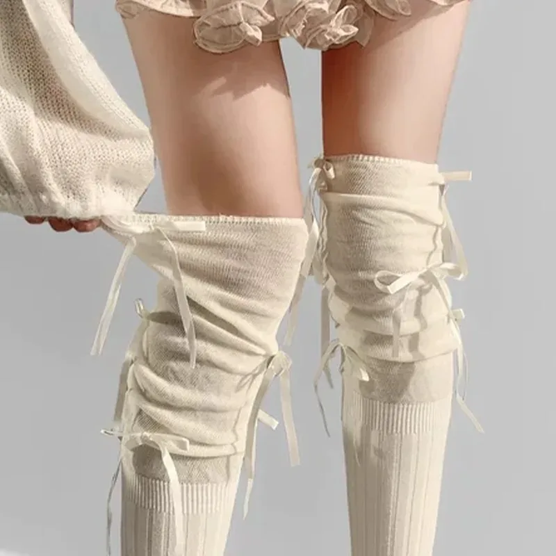 

Длинные носки в стиле Лолита для женщин, с лентами и бантиками, милые, сексуальные, средней длины, в балетном стиле, однотонные, черные, белые